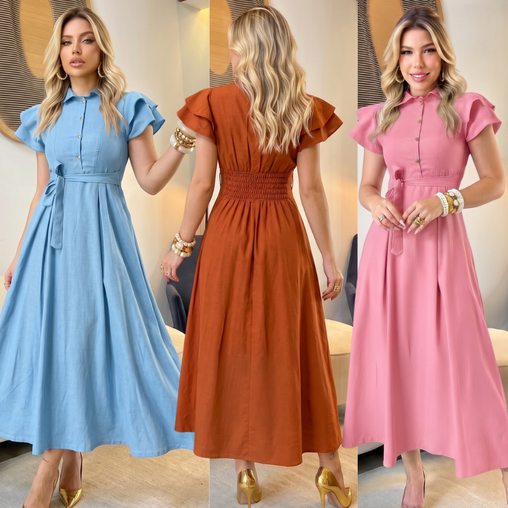 Vestido Feminino Midi Longo Elegante com Gola Camisa Manga Curta com Babado Botões Frontais Faixa Ajustável Confortável
