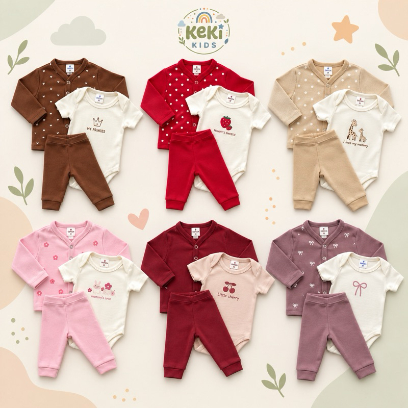 Kit Minimalista Menina 3 peças Body Bebê Cardigan Manga Curta e Calça RN ao GG - 100% algodão!