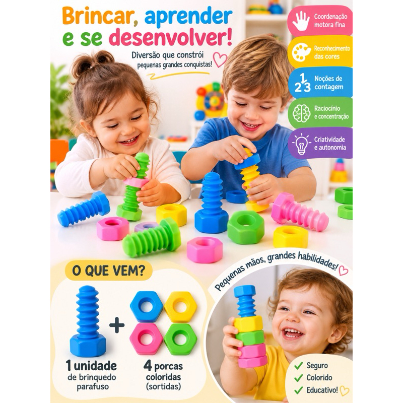 Brinquedo Montessori Educativo Infantil Encaixe e Rosqueie Cores Coordenação Motora Contagem e Aprendizado