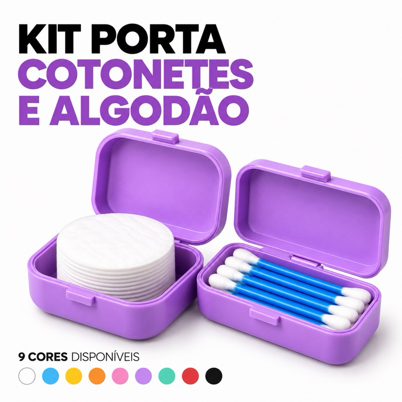 Kit Porta Cotonetes e Algodão com Estojo Compacto para Bolsa e Viagem