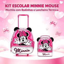 Kit Mochila Rodinhas Lancheira Estojo Minnie Pré- Escolar Infantil Menina Disney