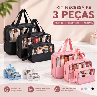 Kit 3 Necessaires Transparentes Grande Capacidade Para Cosméticos e Maquiagem Organizador…