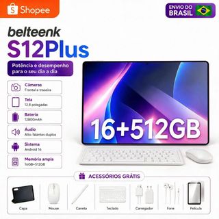 belteenk Tablet S12 Plus Combo com Teclado e Mouse -12.8"inch 16GB+512GB Android com 12800mAh Ideal para Estudos e Jogos