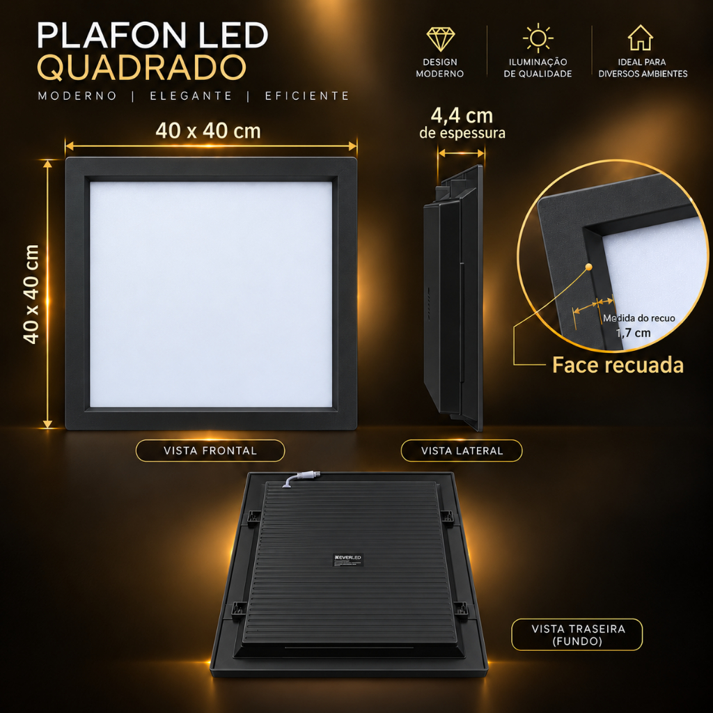 Plafon LED 36W Borda Recuada Preto Quadrado de Embutir 40x40 EverLED — imagem 2 de 2