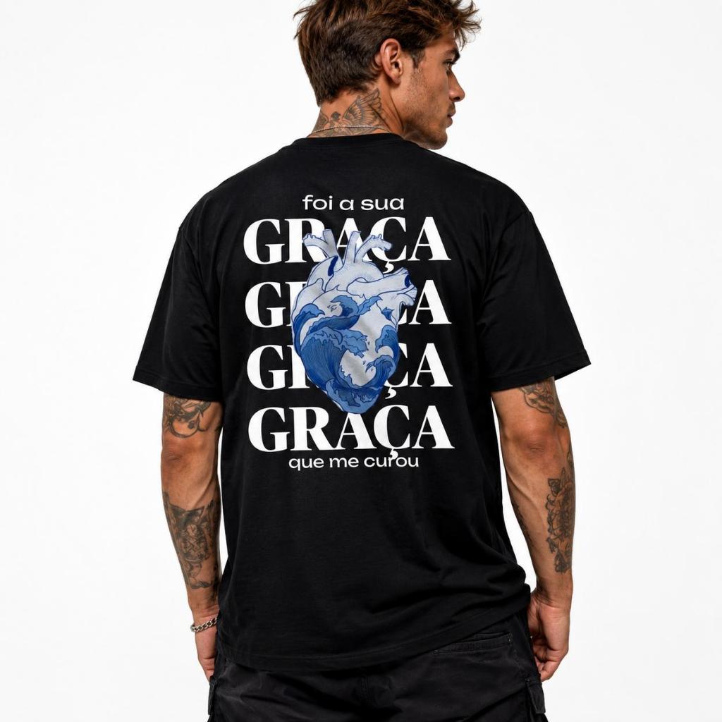 Camiseta Masculina Preta Oversized 100% Algodão Estampada Costas Coração Graça Streetwear Gospel Casual Premium Conforto