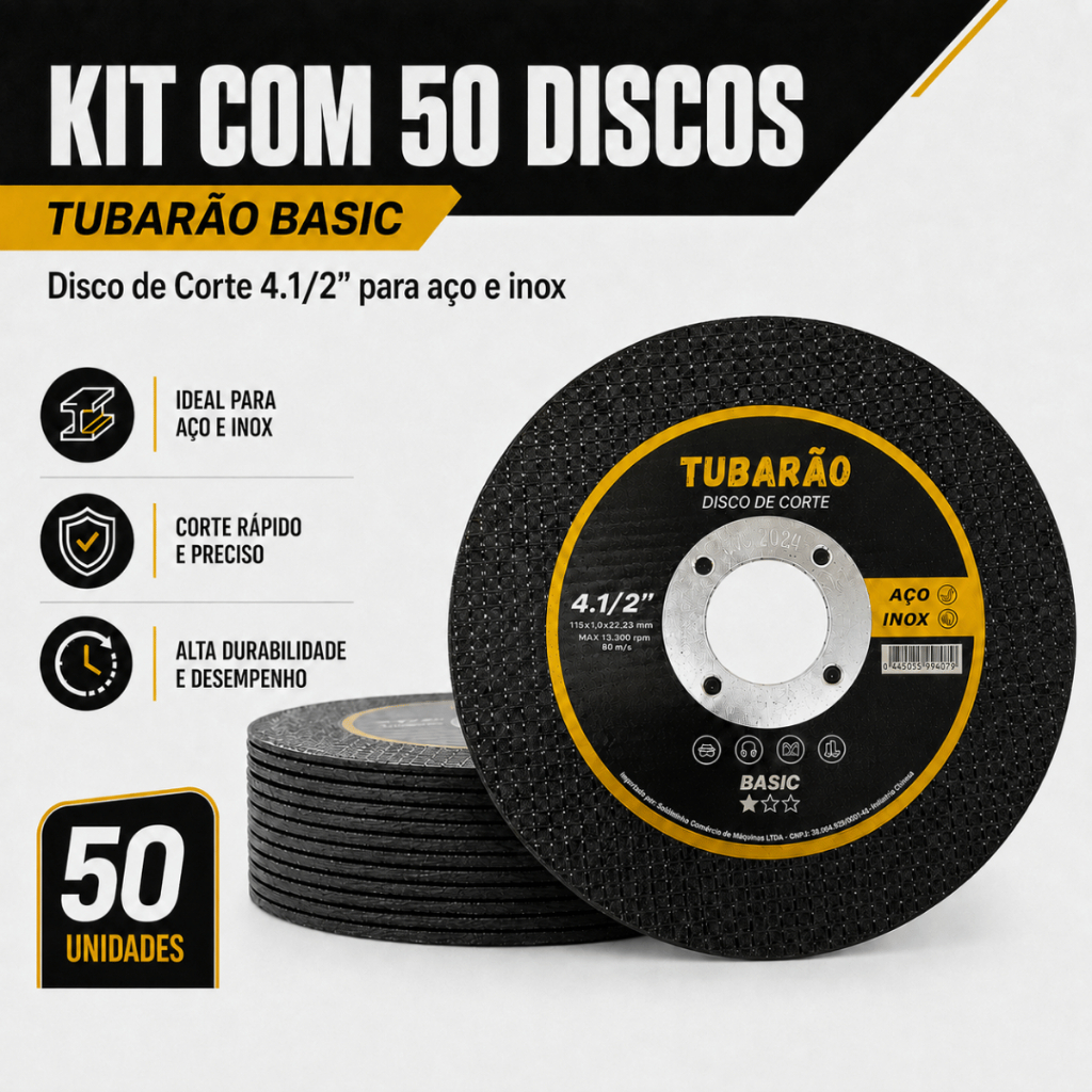 50 Disco de Corte 4.1/2" x 1,00mm Furo 7/8" Inox e Metal - Tubarão