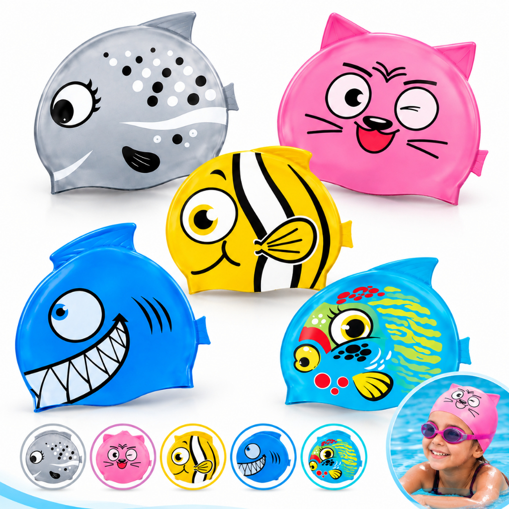 Touca Infantil de Natação em Silicone Estampada Animais para Piscina