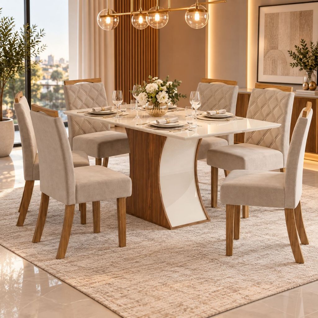 Conjunto Sala De Jantar Mesa 160 Cm Tampo Mdf 6 Cadeiras Layla Confort Casa 812
