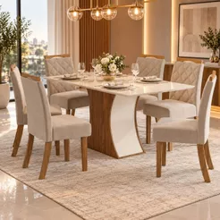 Conjunto Sala De Jantar Mesa 160 Cm Tampo Mdf 6 Cadeiras Layla Confort Casa 812