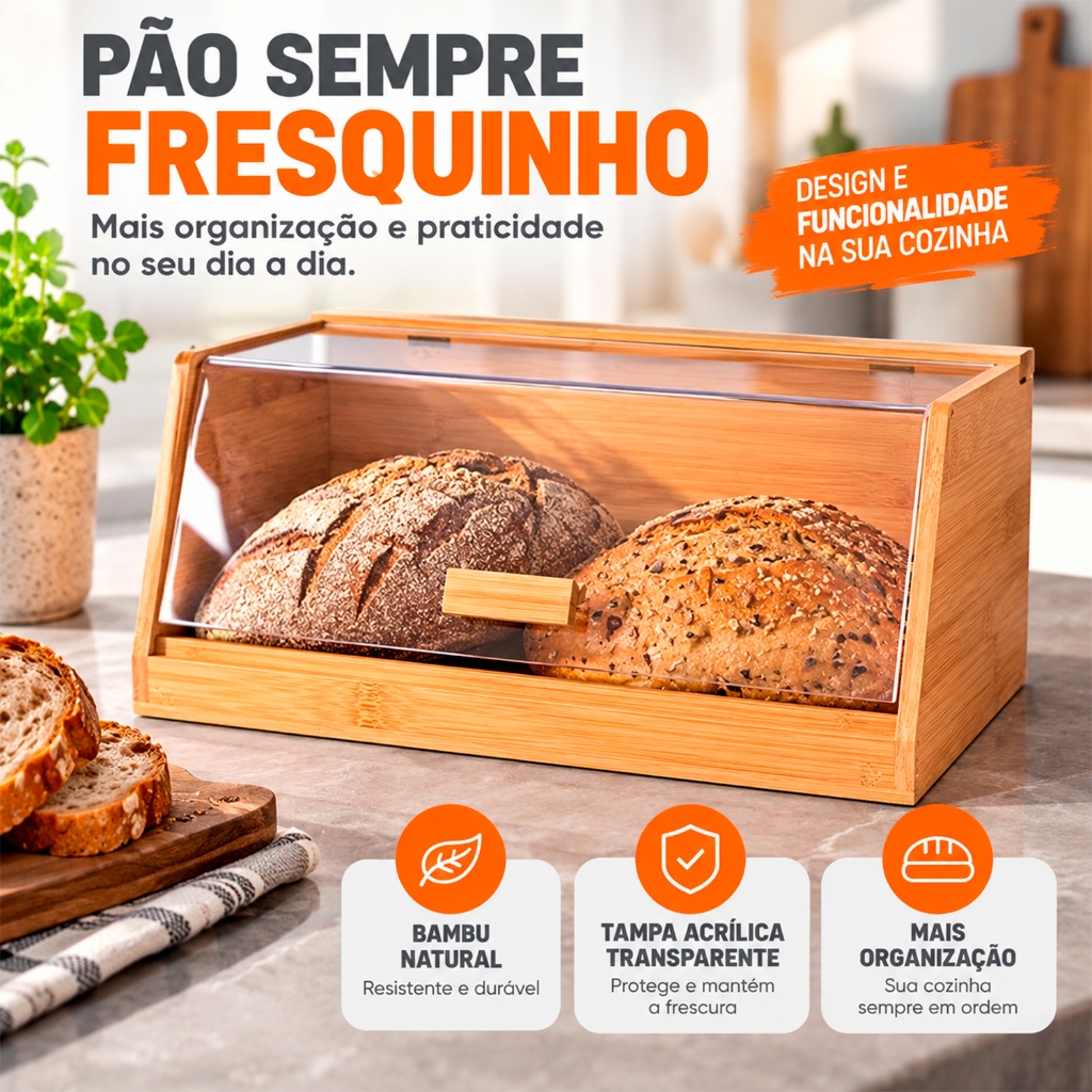 Porta Pão Bambu com Tampa Acrílica Transparente Premium