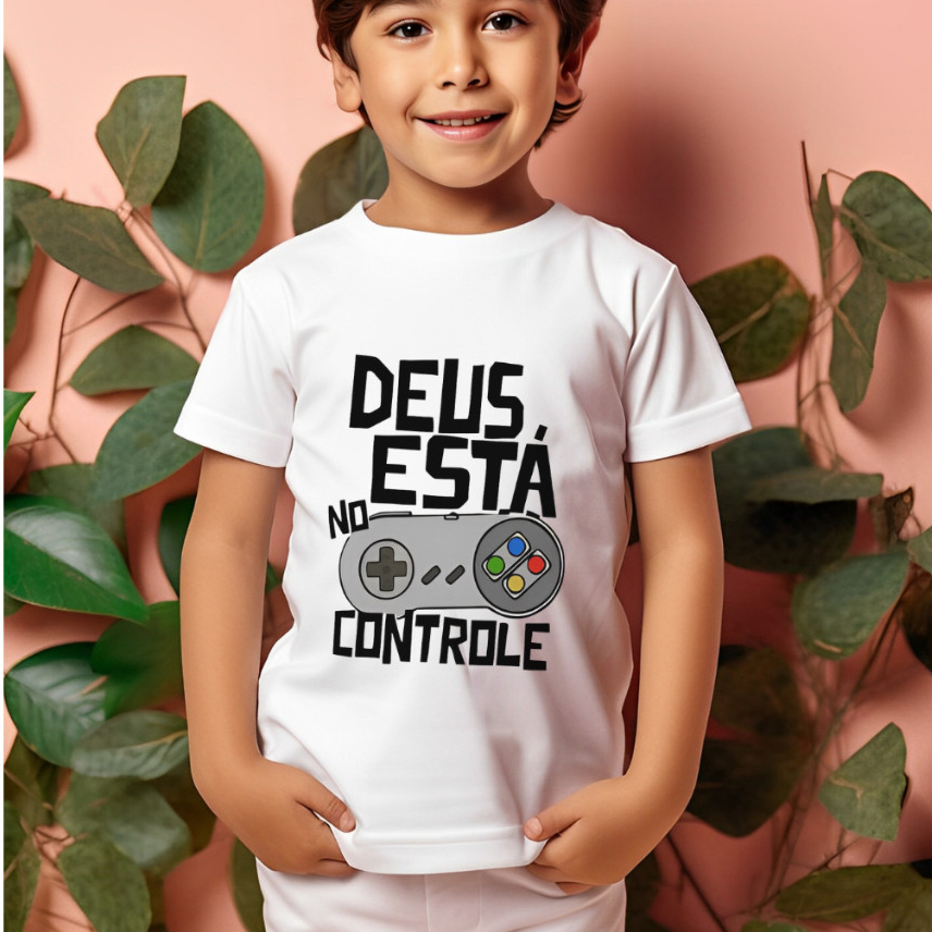 Camiseta Infantil Estampa Deus No Controle, Camiseta Religiosa, Camisa Cristã