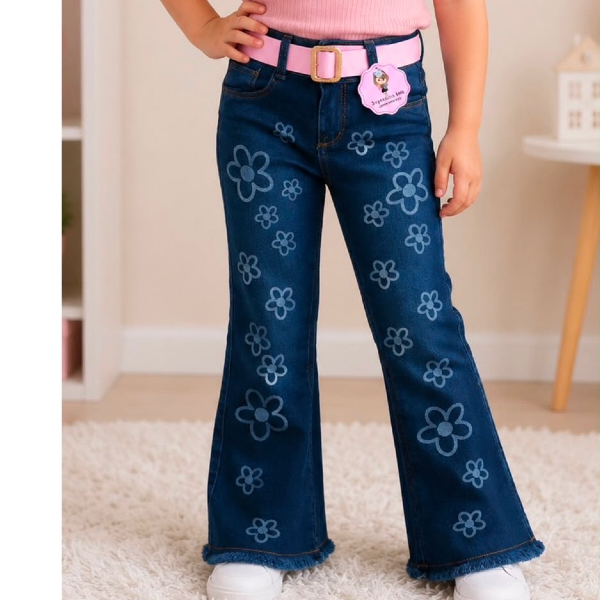 Calça Infantil Flare Feminina Criança Jeans Dia das Crianças Premium Com Cinto