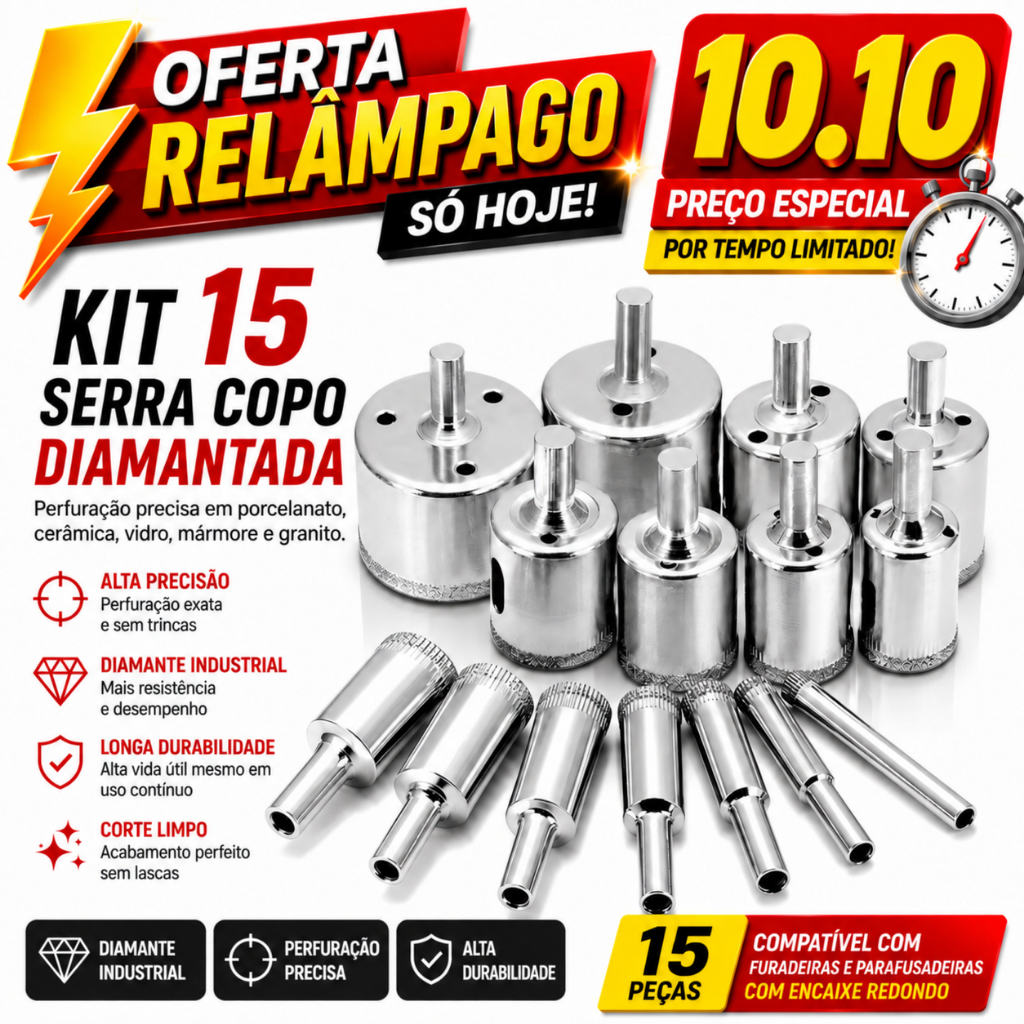 Kit 15 Brocas Serra Copo Diamantadas 3 a 50mm Para Porcelanato Cerâmica Vidro Granito Mármore Azulejo Furadeira Profissi