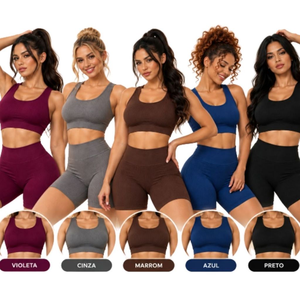 Conjunto Fitness  Academia canelado Top+bojo+short  Alta Compressão Cintura Alta Zero Transparência LINHA PREMIUM