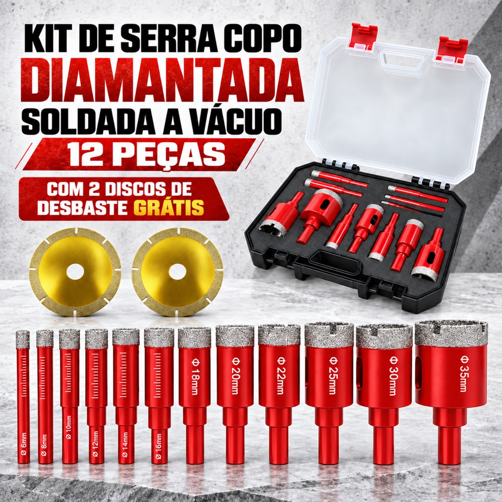 Kit 16 Peças Brocas Serra Copo Diamantadas 6-32mm para Porcelanato Cerâmica Mármore Granito