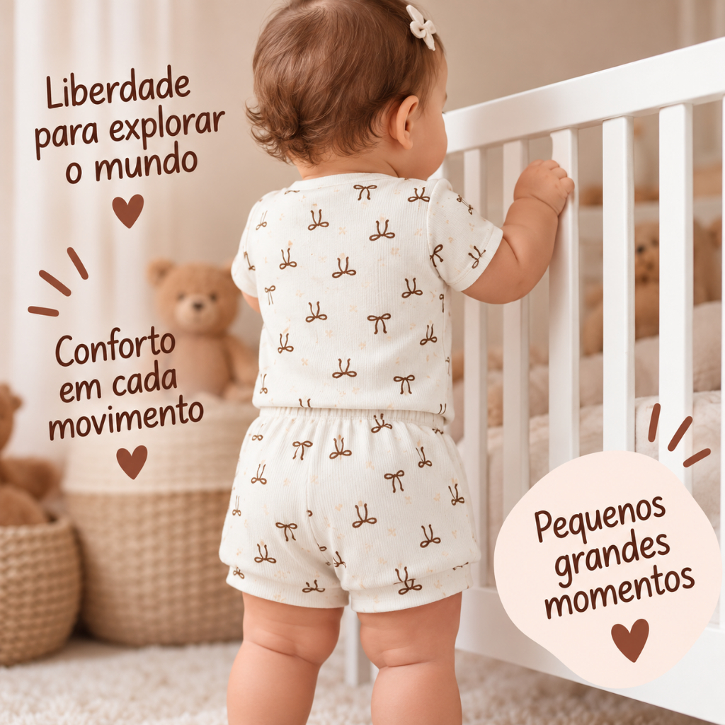 Conjunto Bebê Body e Short Canelado Estampado Lacinhos Poliviscose
