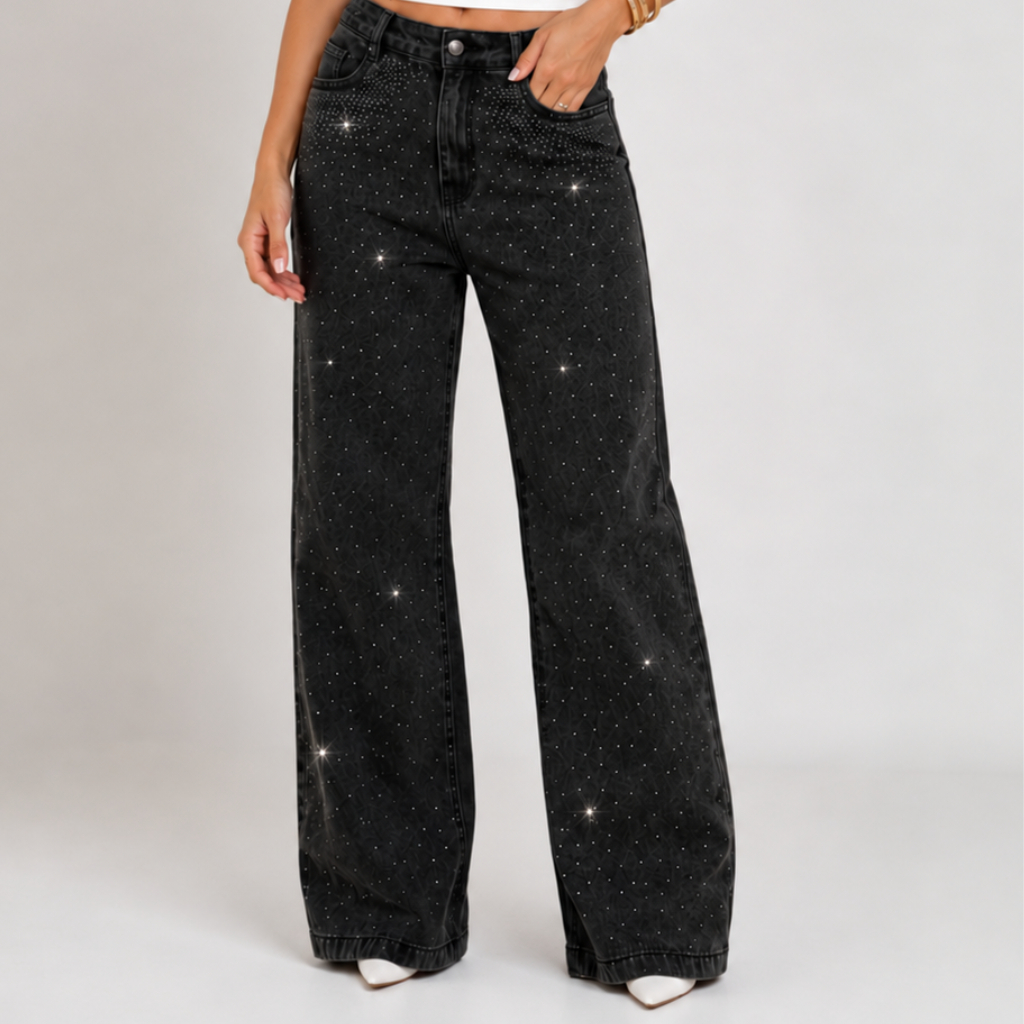 Calça Jeans Feminina Wide Leg com Brilho Cintura Alta Bolsos Funcionais Premium