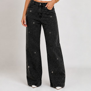 Calça Jeans Feminina Wide Leg com Brilho Cintura Alta Bolsos Funcionais Premium