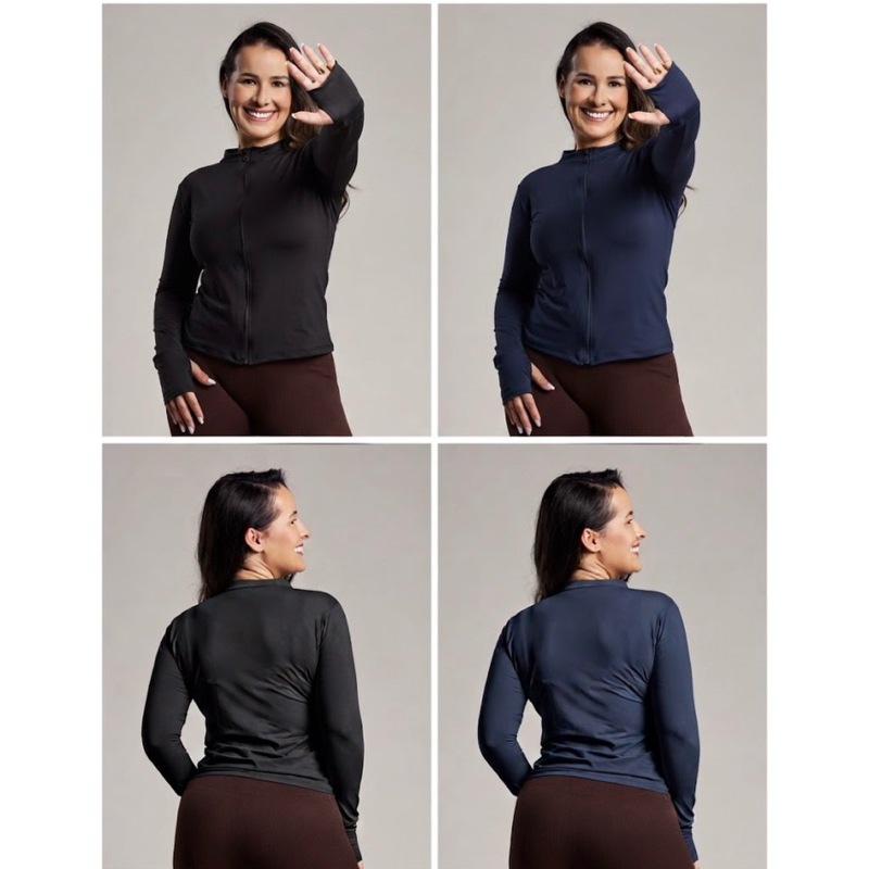 Blusa Segunda Pele Poliamida com Zíper e Abertura para Polegar Proteção UV Fitness Academia Corrida Casual Feminina