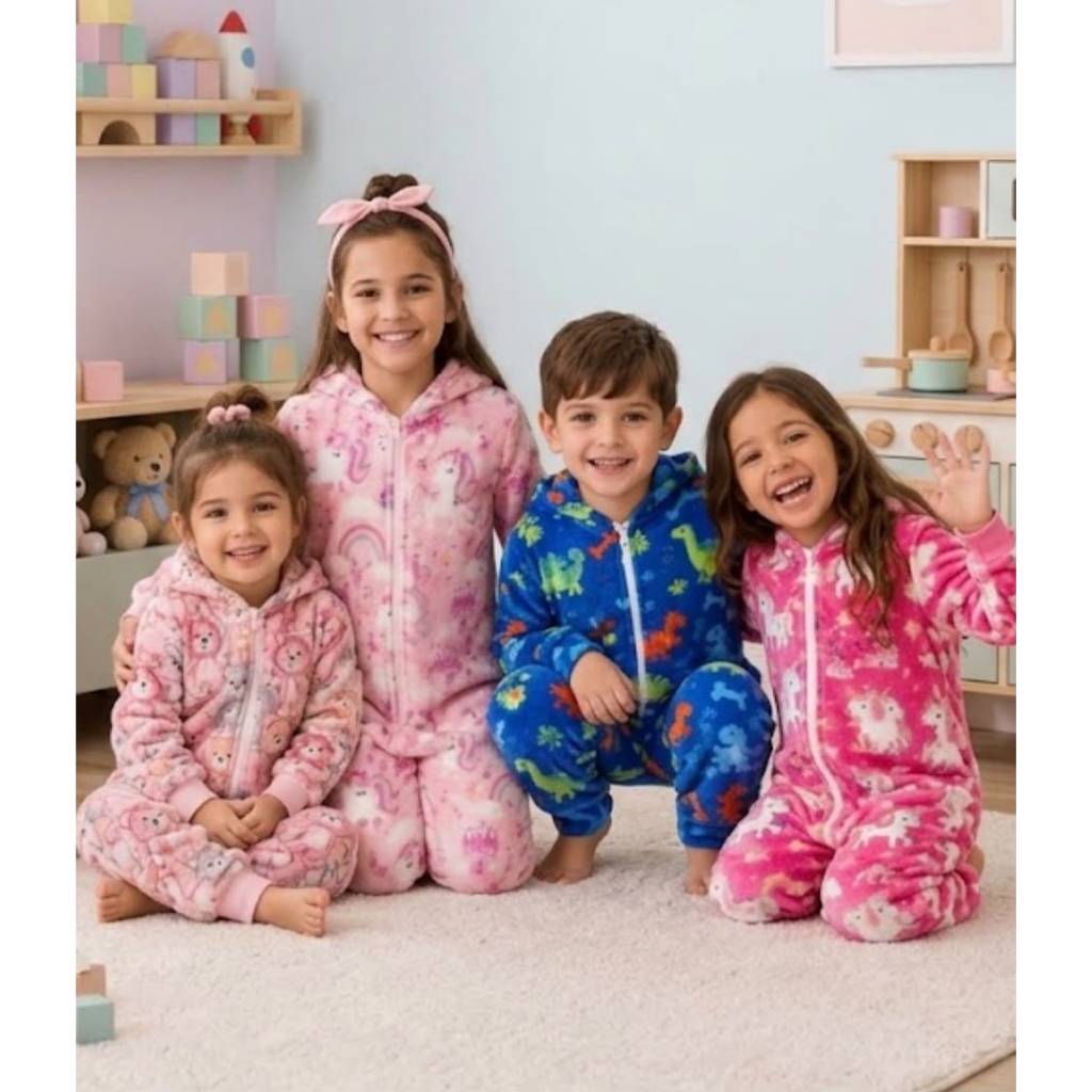 Macacão com zíper Pijama Infantil Microfibra Menina e Menino Inverno
