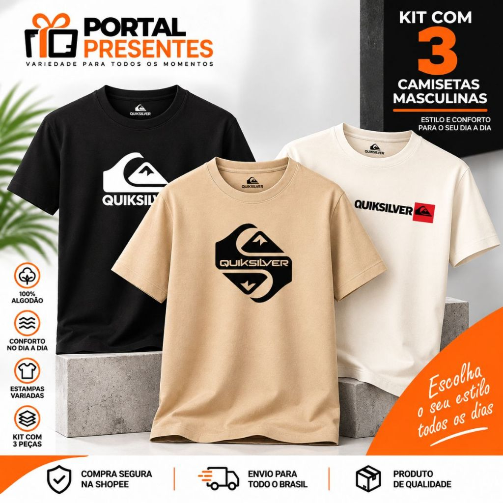 Kit 3 Camisetas Masculinas Algodão Estampadas Casual Streetwear Urbana Confortável Uso Diário Moda Masculina