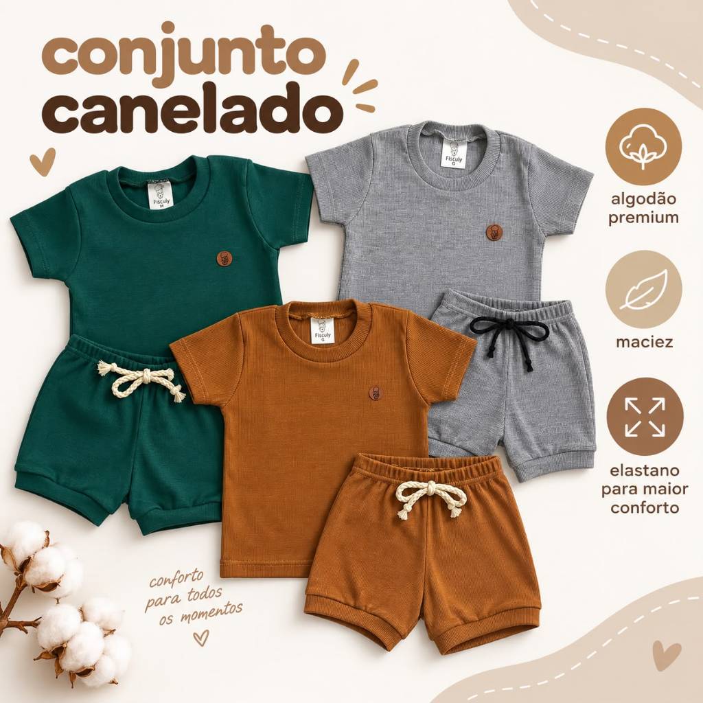 Conjunto Bebê 0 a 11 meses Canelado Verão Fresquinho Fisculy Macio Qualidade Premium