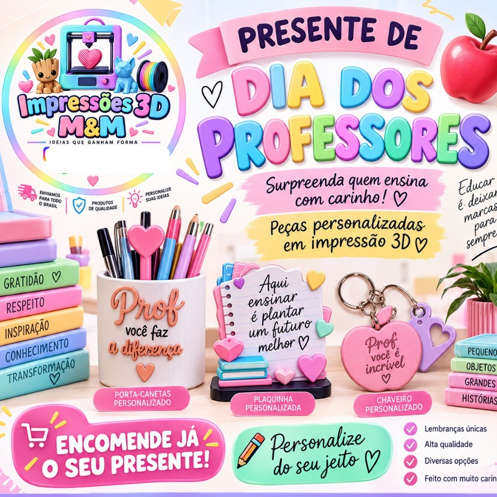 Lembrancinha Dia dos Professores Personalizado Impressão 3d Sob Encomenda Chaveiro Plaquinha Porta Canetas,