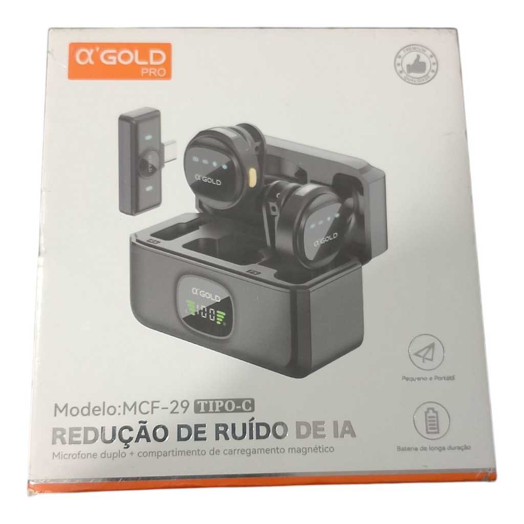 Microfone de Lapela Sem Fio Duplo A'GOLD Pro MCF-29 USB Tipo-C