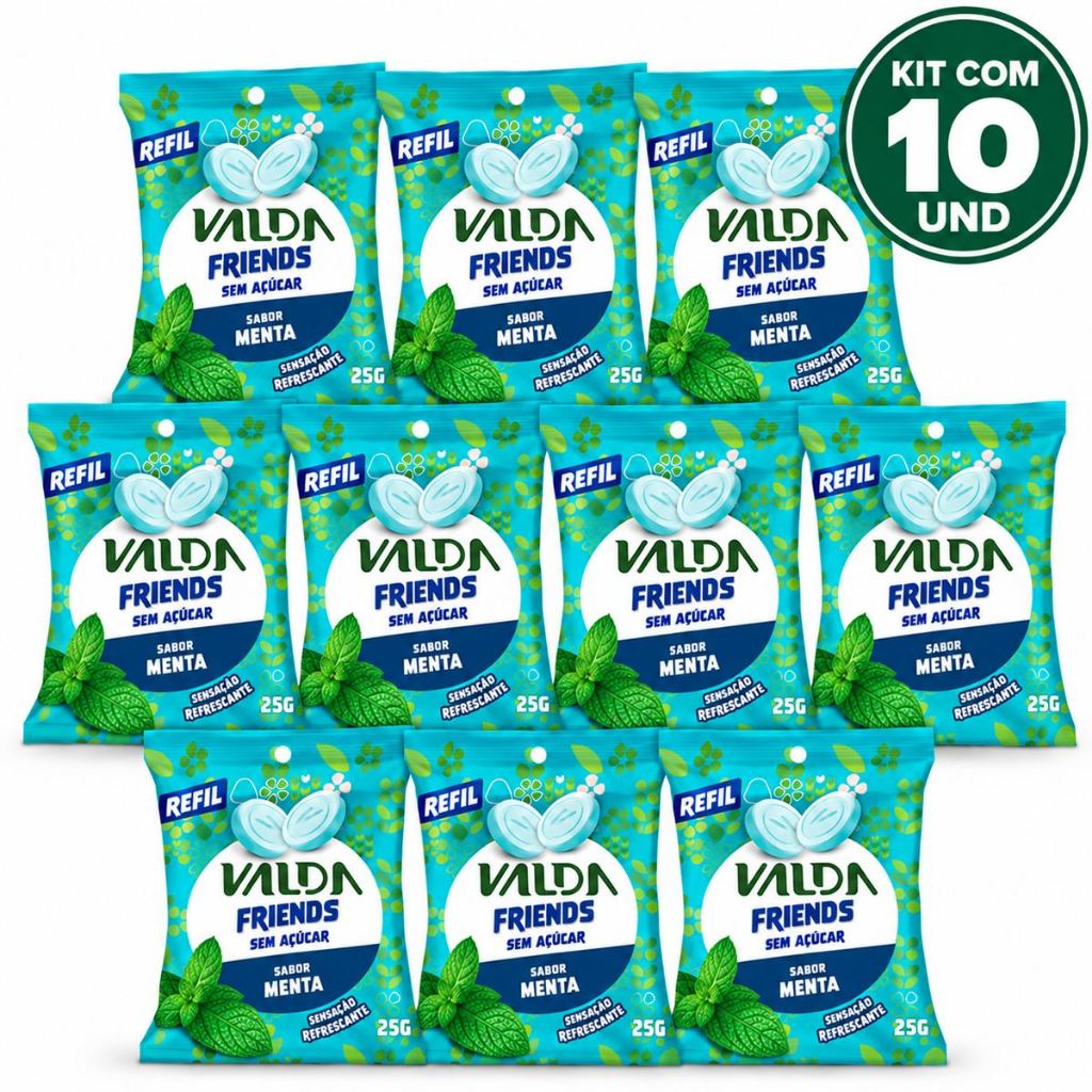 Kit 10x Pastilhas Valda Friends Sem Açúcar Mentol Eucaliptol 25g | Refrescante + Cool