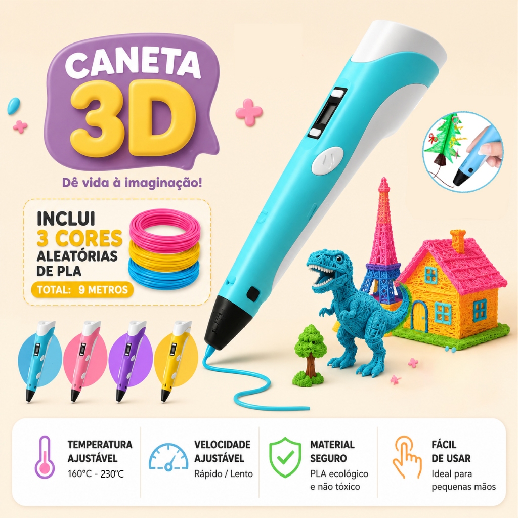 Caneta 3D Impressora + Visor LED + 10m Filamento PLA - Brinquedo Educativo / Presente Infantil