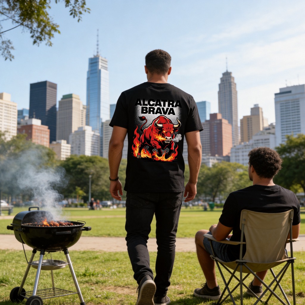 Camiseta Unissex Alcatra Brava, Estampa Touro Fogo Churrasco