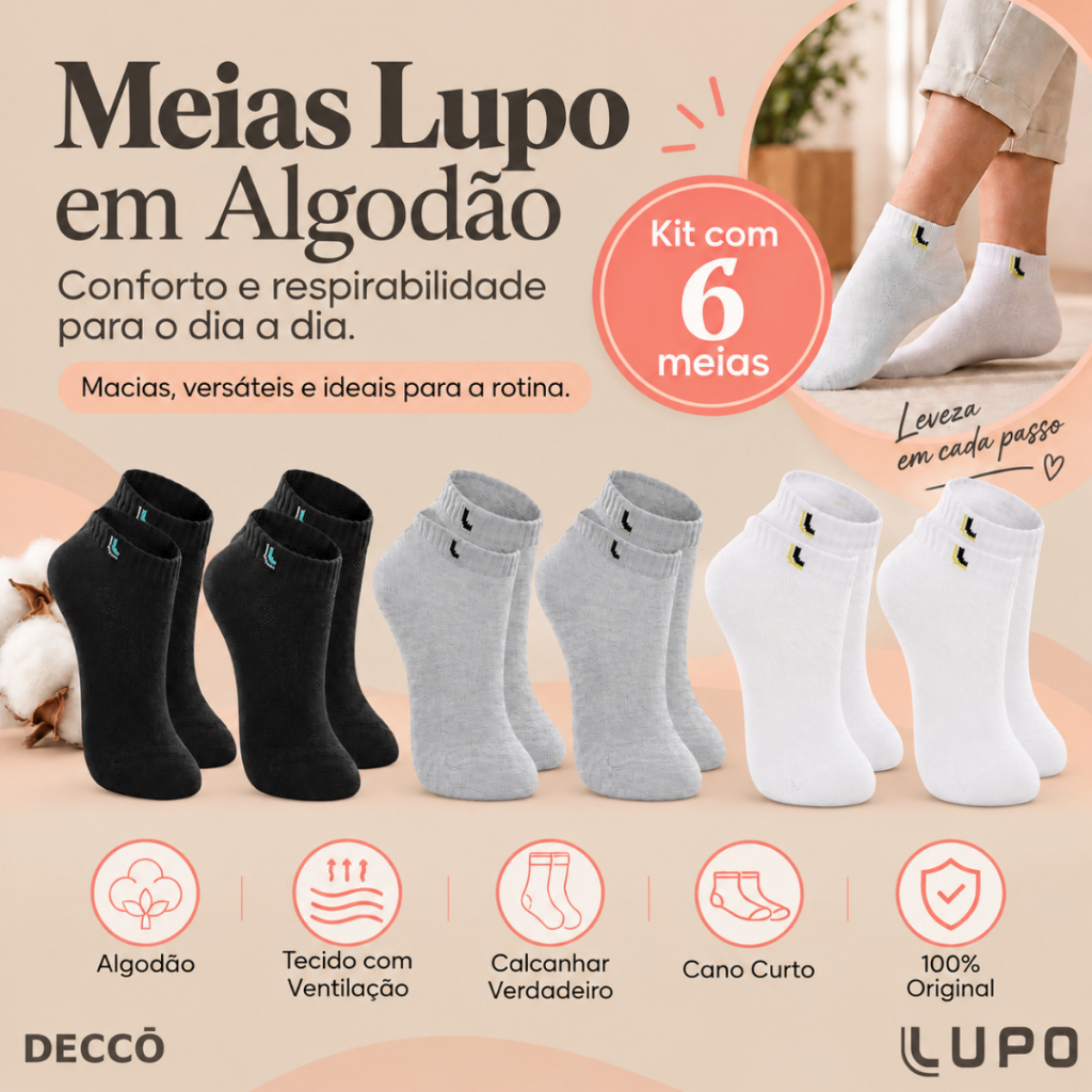 Kit De 6 Pares Meias Lupo Kids Infantil Cano Curto Algodão Tamanho 24 ao 35
