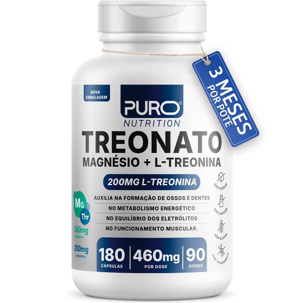 Treonato Puro Nutrition Magnésio L-Treonina, Alto Teor de por Porção, 180 Cápsula