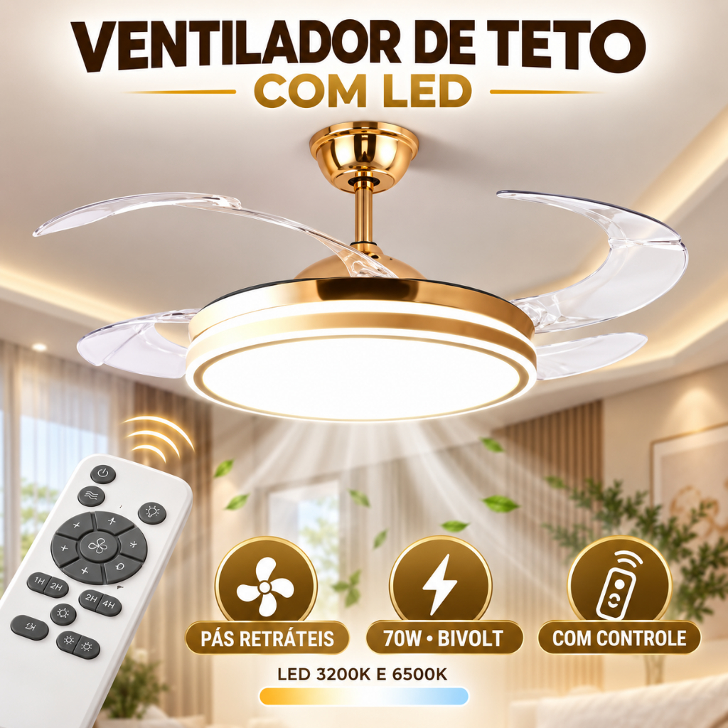 Ventilador De Teto Com Led Luminária De Teto Lustre Dourado Moderno Luxoso Com Controle 42' Grande
