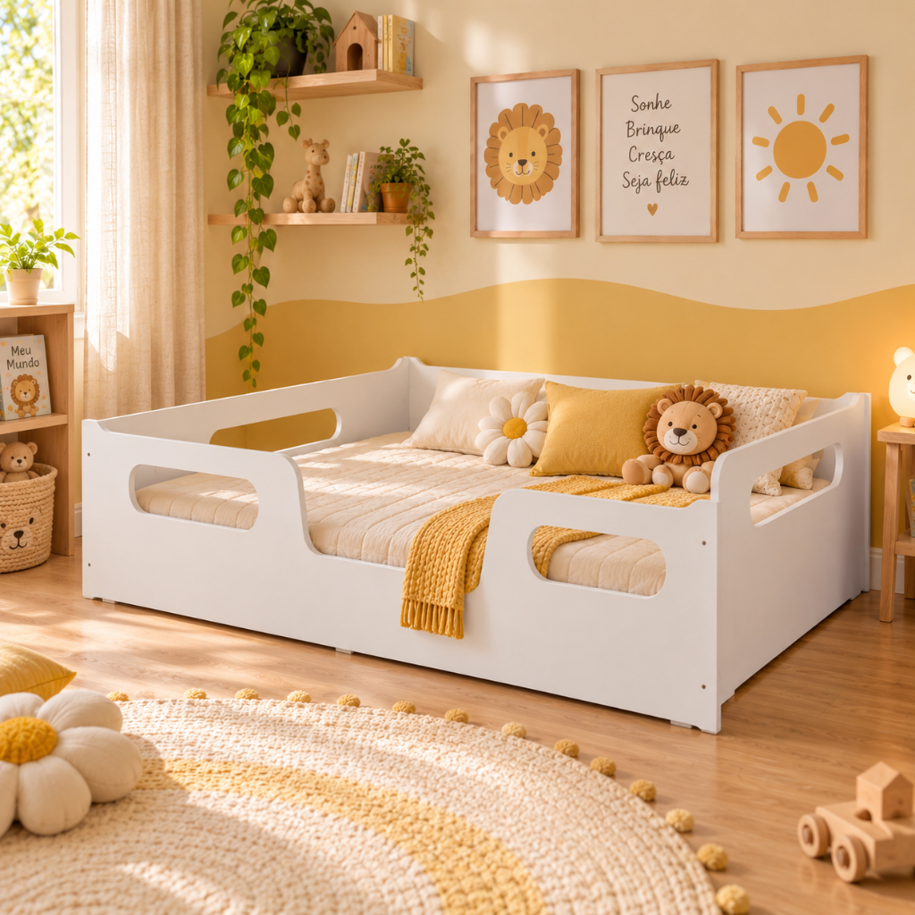 Cama Encanto Sem Colchão Montessoriana Infantil Segura Grade Proteção Incluso Quarto Do Bebê Juvenil Moderna Robusta