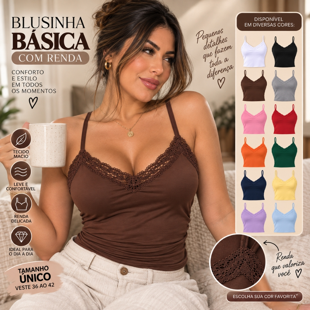 Blusinha Feminina Renda com Bojo Alcinha Fina Regulável Moda Verão