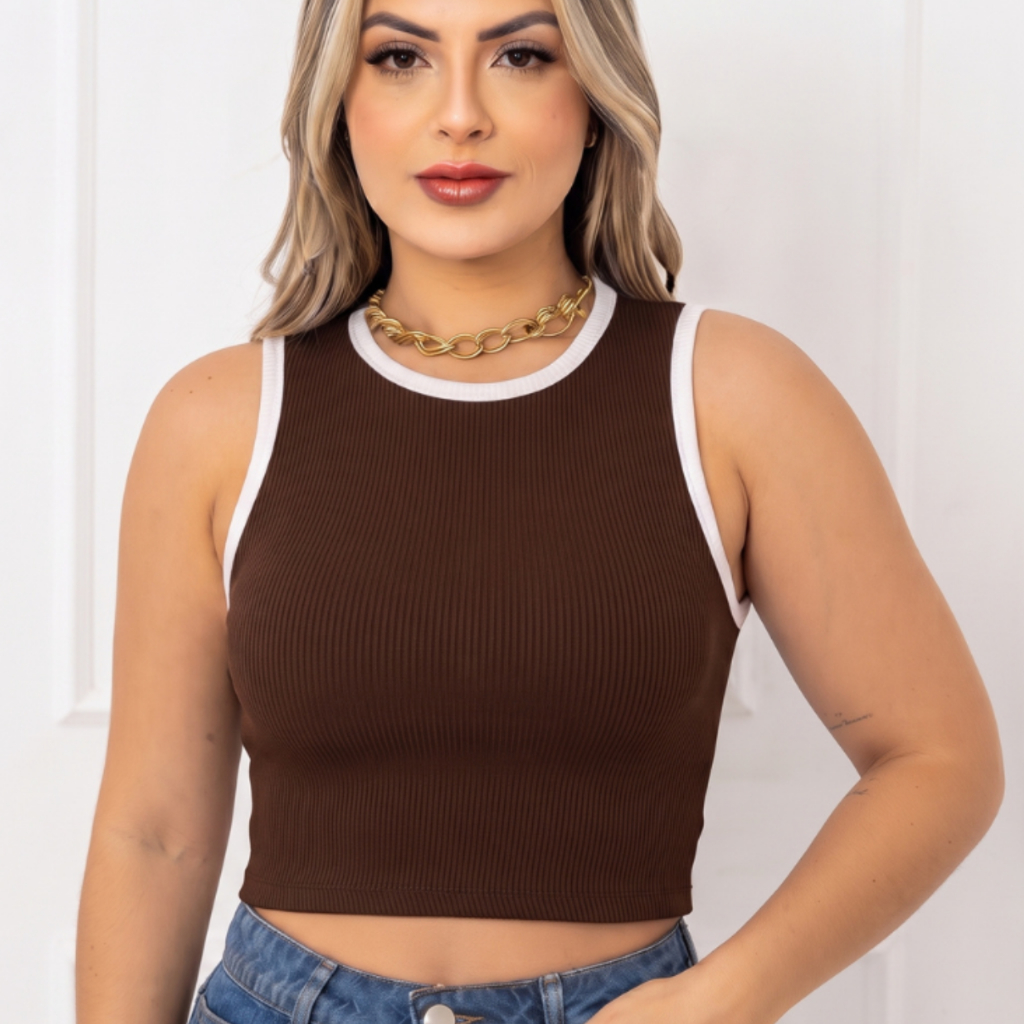 Regata Bicolor Feminina Cropped  Canelado Blusinha Básica Confortável Ribana Sem Manga Premium Verão Tendência