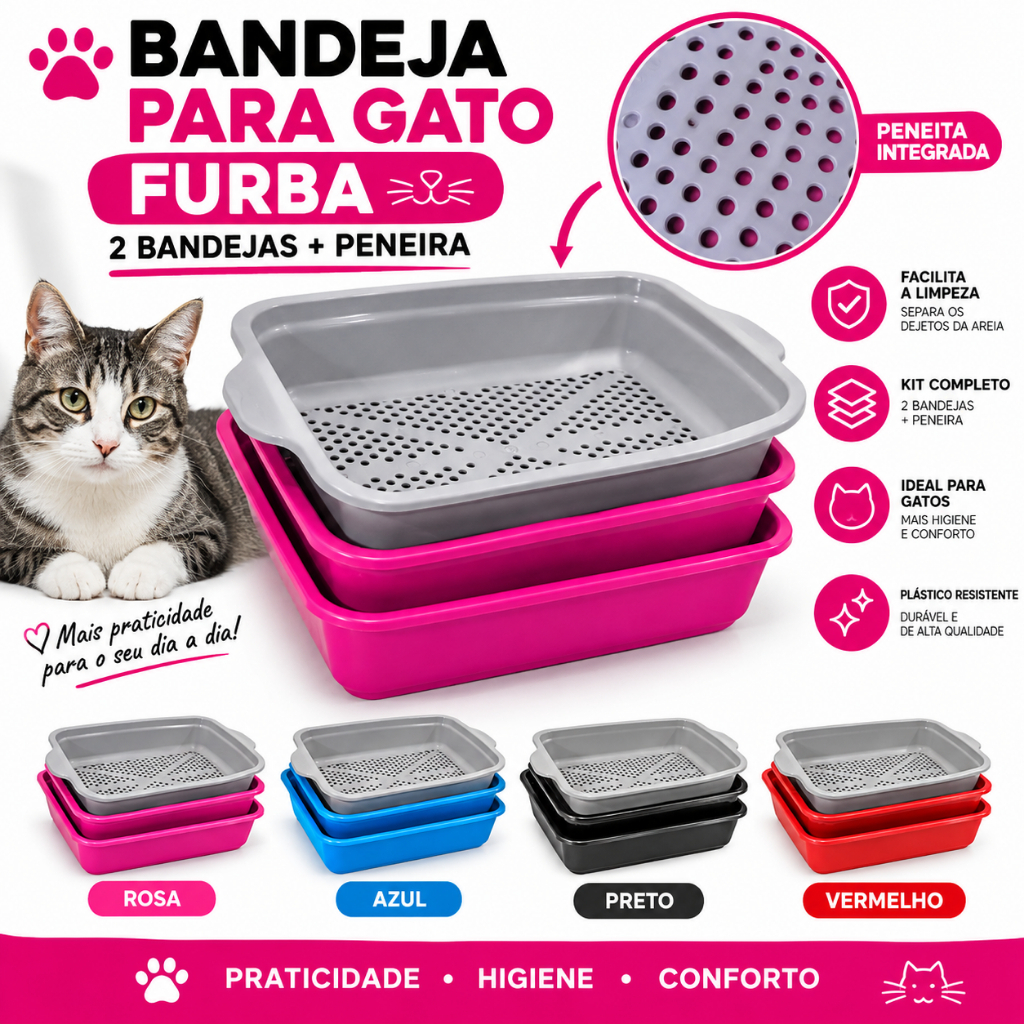 Caixa de Areia Para Gato Grande Bandeja Higiênica Furba Fechada 2 Bandejas + Peneira