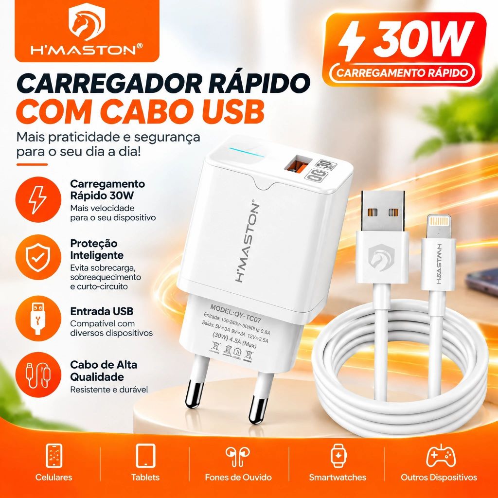 Carregador Rápido 30W PD USB‑C H'MASTON LR21‑2, Inclui Cabo Lightning, Compatível com Diversos Modelos iPhone