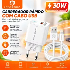 Carregador Rápido 30W PD USB‑C H'MASTON LR21‑2, Inclui Cabo Lightning, Compatível com Diversos Modelos iPhone