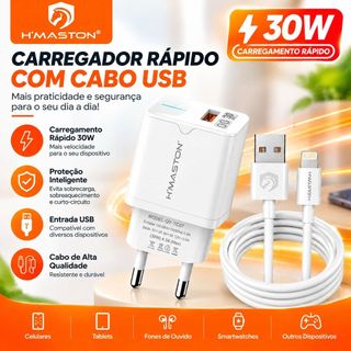 Carregador Rápido 30W PD USB‑C H'MASTON LR21‑2, Inclui Cabo Lightning, Compatível com Diversos Modelos iPhone