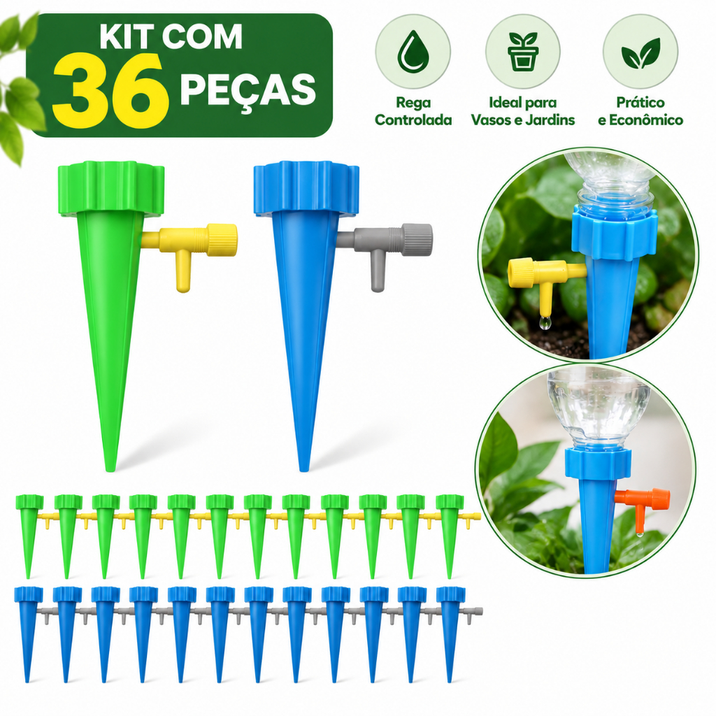 Kit 36 (Azul + Verde)Gotejadores para Irrigação por Gotejamento em Modelos Sortidos, Rega de Vasos, Horta e Jardim