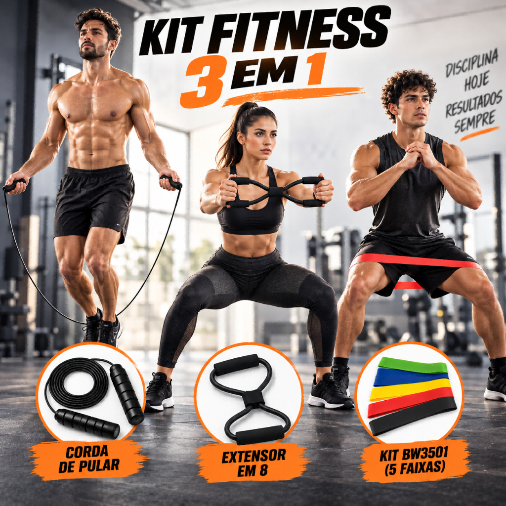 Kit de Treino 3 em 1 com Corda de Pular Extensor em 8 e 5 Faixas Elásticas para Exercícios em Casa