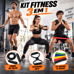 Kit de Treino 3 em 1 com Corda de Pular Extensor em 8 e 5 Faixas Elásticas para Exercícios em Casa