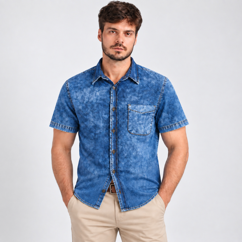 CAMISA JEANS MASCULINA AZUL MARMORIZADA MANGA CURTA AZUL MARMORIZADA PREMIUM DENIM