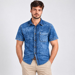 CAMISA JEANS MASCULINA AZUL MARMORIZADA MANGA CURTA AZUL MARMORIZADA PREMIUM DENIM