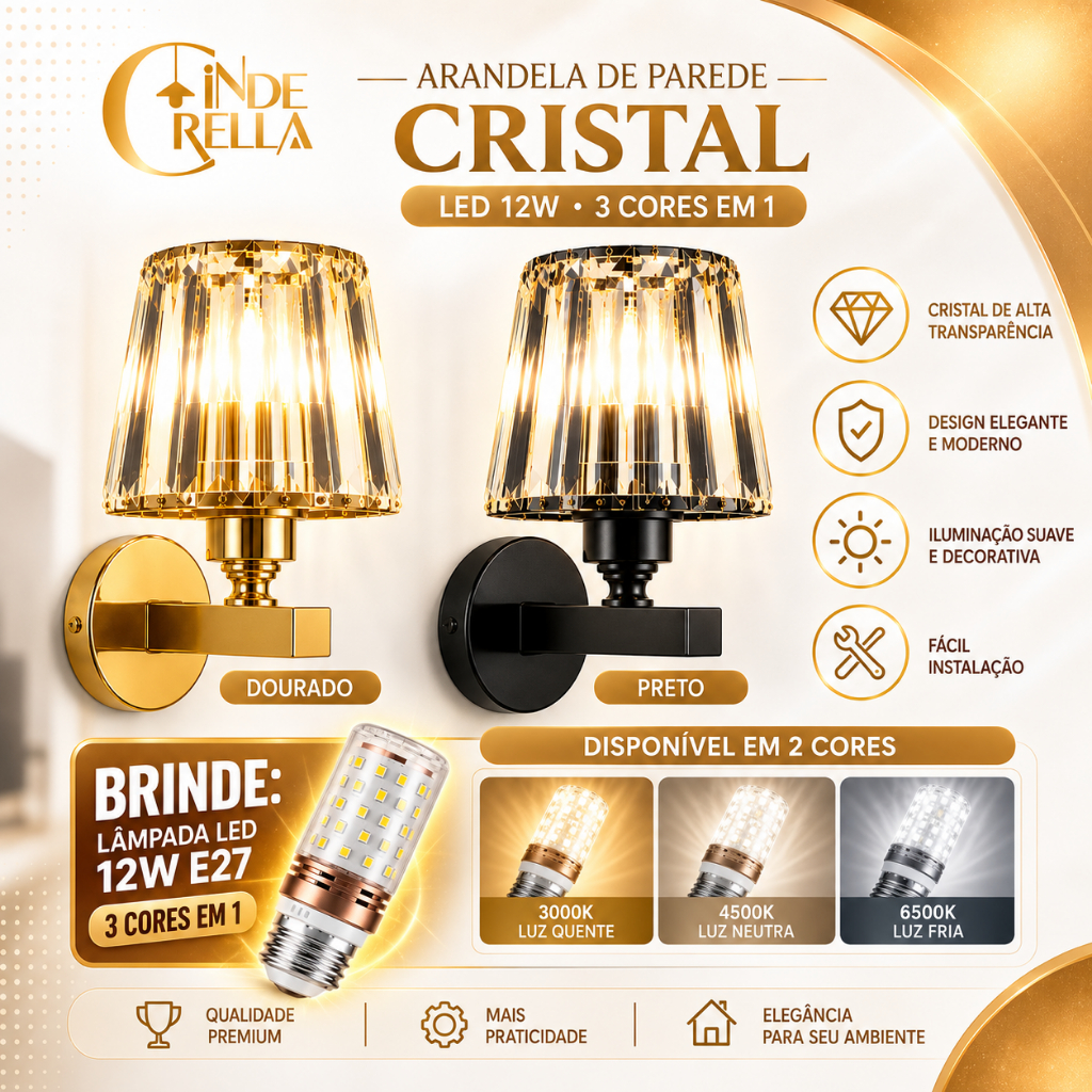Arandela Parede Metal Cristal Moderno Elegante Sala Quarto Lavabo Banheiro Bocal E27 Dourado Preto
