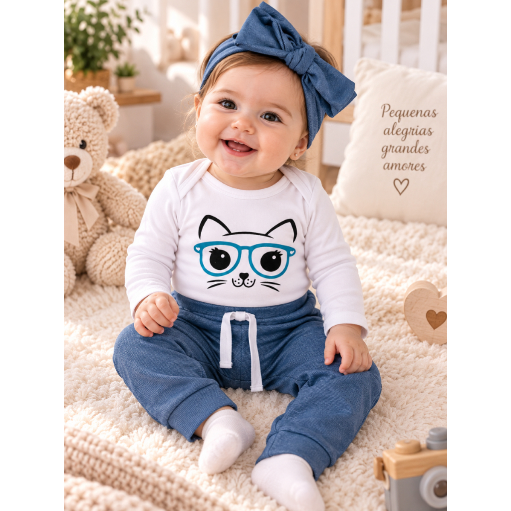 Conjunto Gatinha Body Calça Roupa Moda Bebê Menina Roupinha Blogueinha infantil Conjuntinho Feminino