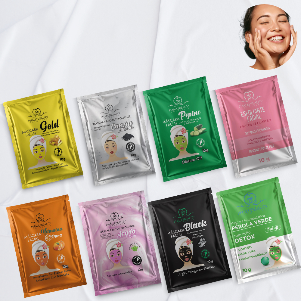 Kit Máscara Facial Phallebeauty  Colágeno, Pérola, Pepino, Black, Vitamina C , Detox e Gold 10g