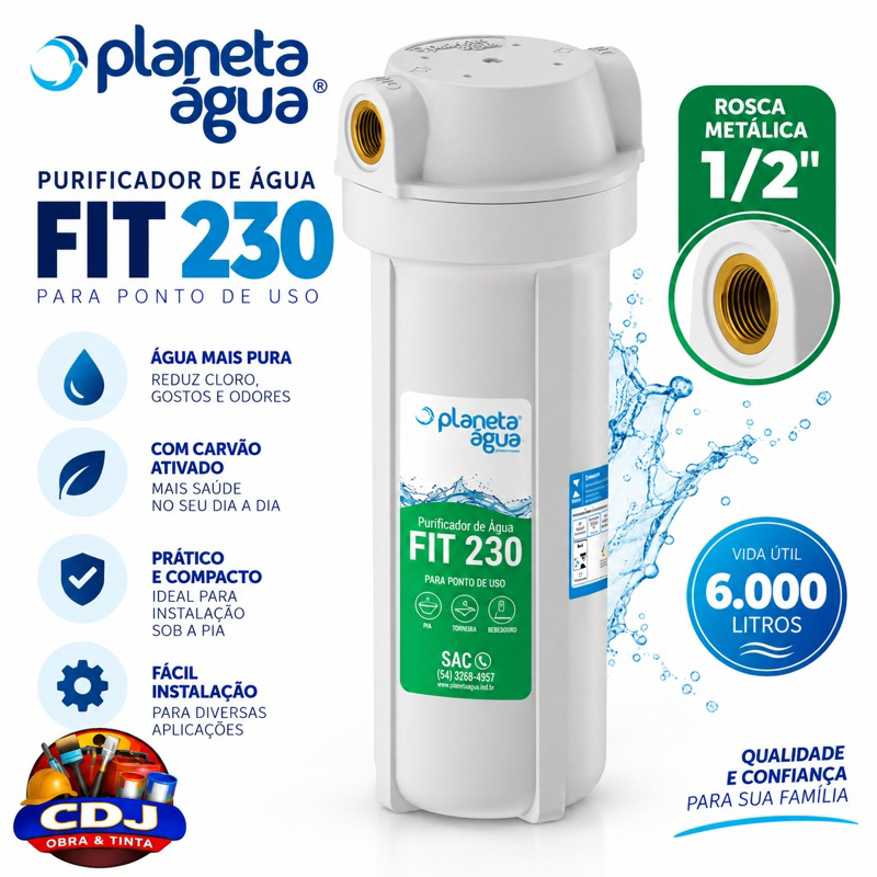 Purificador Água FIT 230 Planeta Água Rosca Metal 1/2 com Refil PA230 Pia Torneira Bebedouro